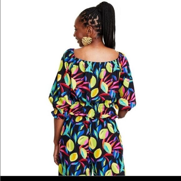 Tabitha Brown Linen 2-Piece Set Lemon Print Bardot and Wide Leg Pant - Picture 12 of 14